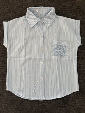 Designer Style Light Blue Striped Short-Sleeve Button-Down Blouse